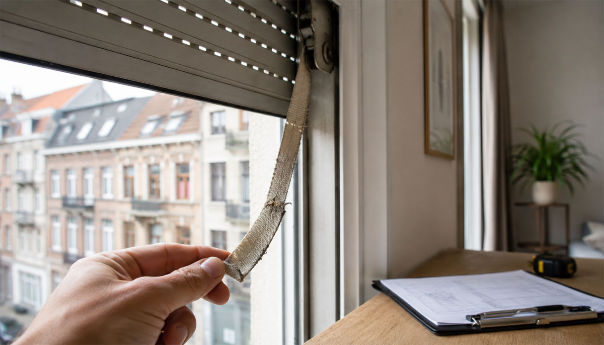 Caisson de volet roulant ouvert montrant la poulie de renvoi et la sangle — diagnostic Vandernoot Volet Bruxelles