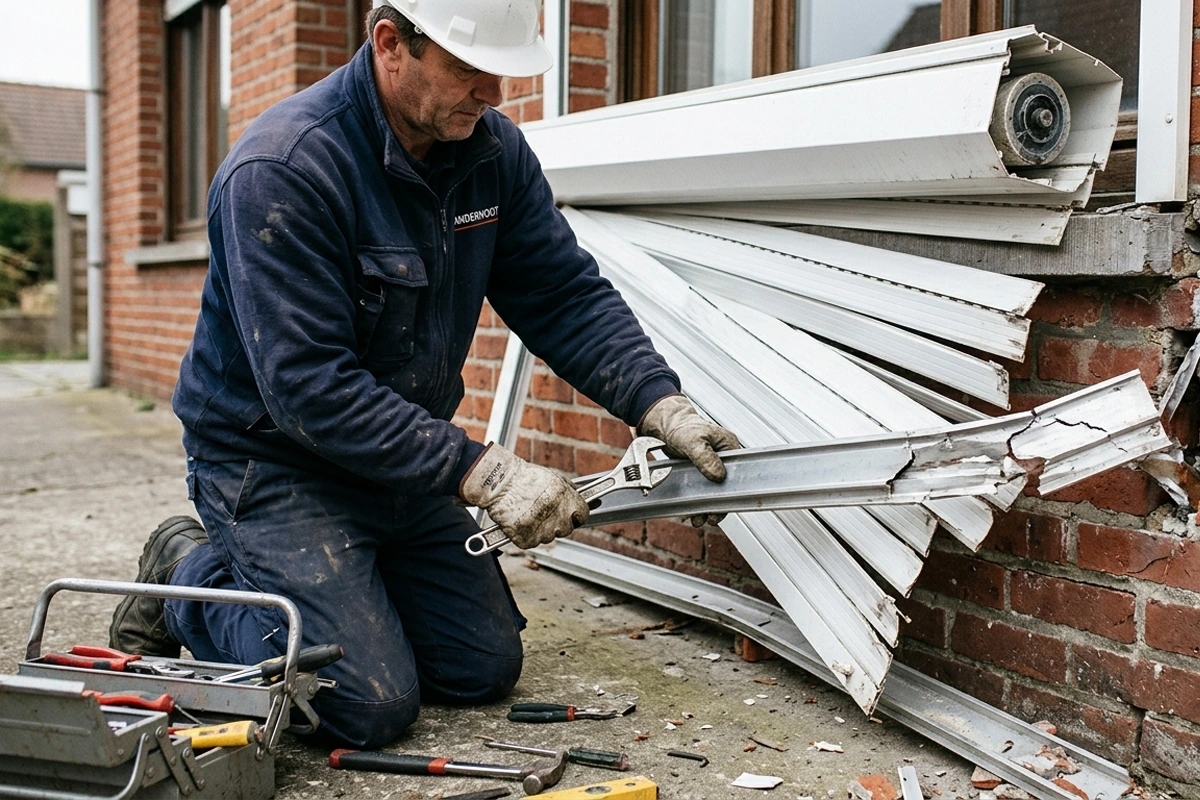 Tablier de volet roulant descendu en biais mais encore dans les coulisses